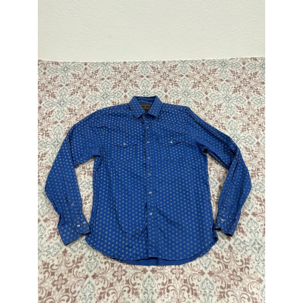 Lamasini Mens Blue Geometric Print Long Sleeve Western Snap Button Shirt Small